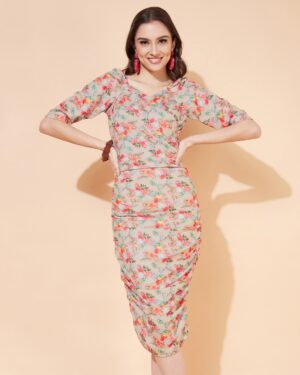 Printed Bodycon Beige Lycra Dress