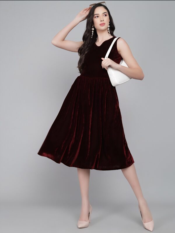 Women Fit and Flare Valvet Dress Dark Red