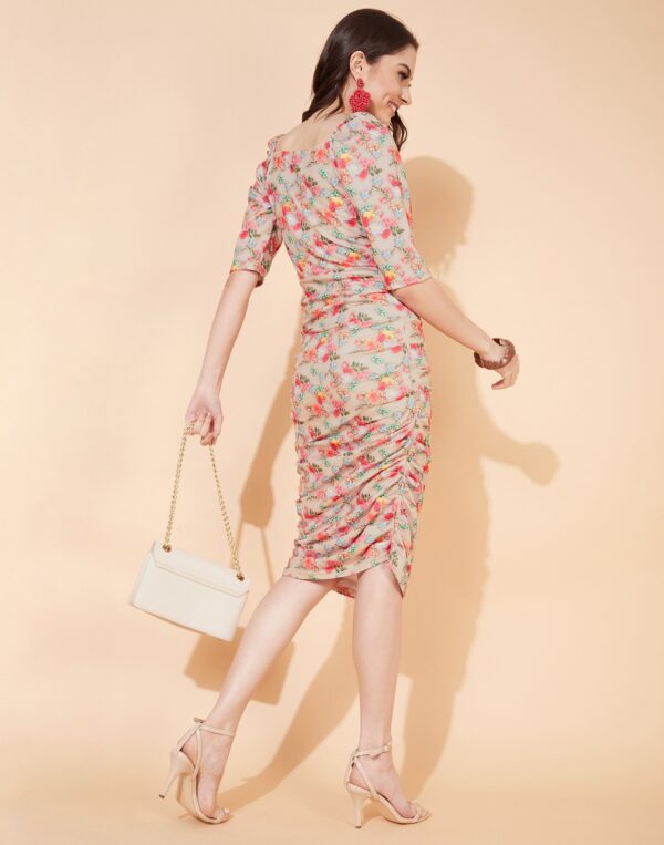 Printed Bodycon Beige Lycra Dress - Image 4