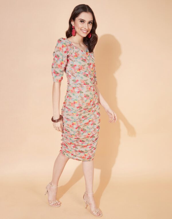Printed Bodycon Beige Lycra Dress - Image 5