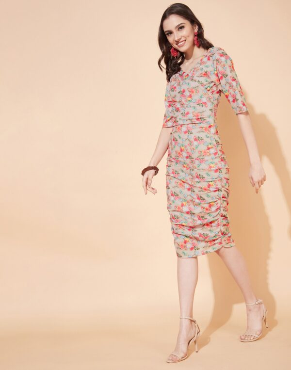 Printed Bodycon Beige Lycra Dress - Image 6