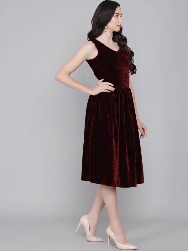 Women Fit and Flare Valvet Dress Dark Red - Image 5