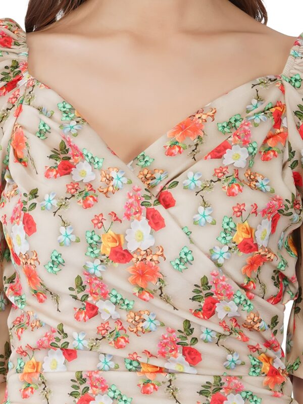 Printed Bodycon Beige Lycra Dress - Image 2