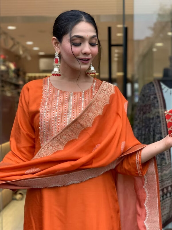 Chanderi Silk Kurta With Trousers And Dupatta Indian Wear - Image 2