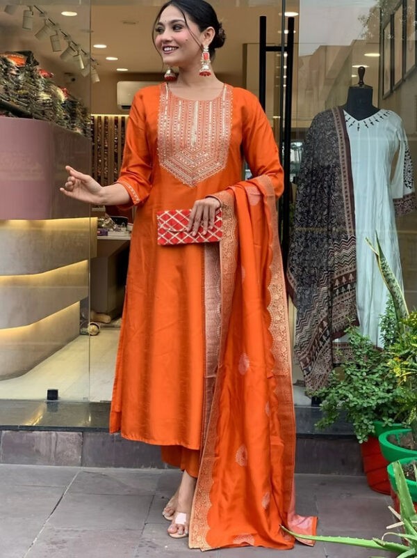 Chanderi Silk Kurta With Trousers And Dupatta Indian Wear - Image 6