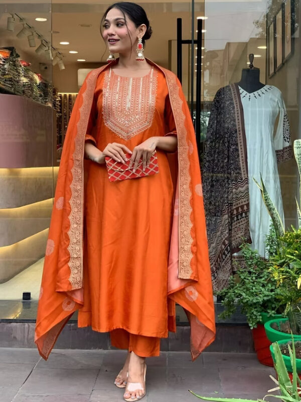 Chanderi Silk Kurta With Trousers And Dupatta Indian Wear