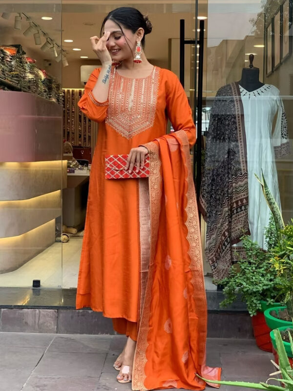 Chanderi Silk Kurta With Trousers And Dupatta Indian Wear - Image 4