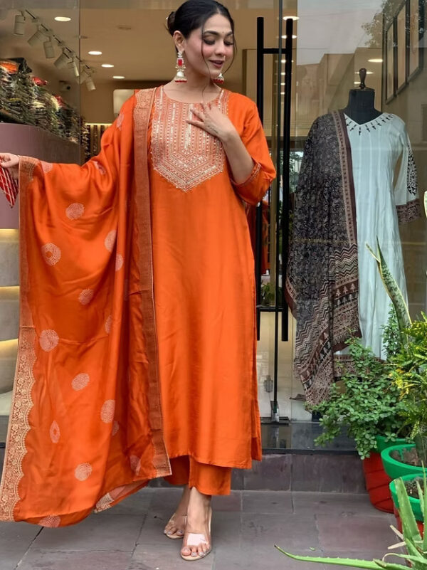 Chanderi Silk Kurta With Trousers And Dupatta Indian Wear - Image 3