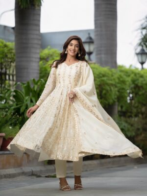 🌸PREMIUM & LUXURIOUS DESIGNER Ivory Gold Hand-Embroidered Anarkali Set