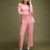 Neck Puff Sleeves Top With Bell Bottom Trousers