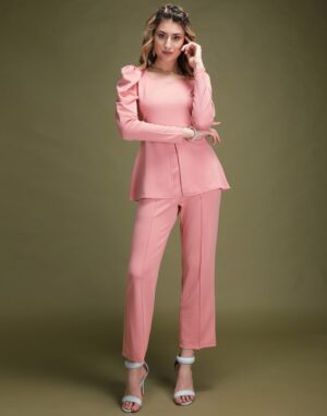 Neck Puff Sleeves Top With Bell Bottom Trousers