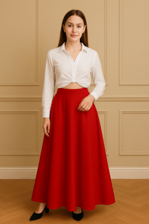 Elegant Plain Flowy Wrap Skirt (Red)